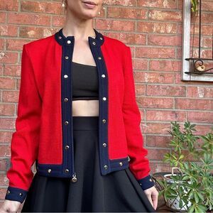 St. John Red Navy Zip Sweater Jacket Sz 2 Santana Knit Studded Preppy Office